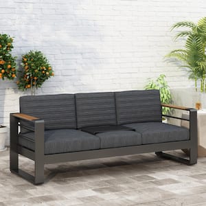 3-Seater Patio Furniture Aluminum Outdoor Sectional Sofa with Water Resistant Black Cushion