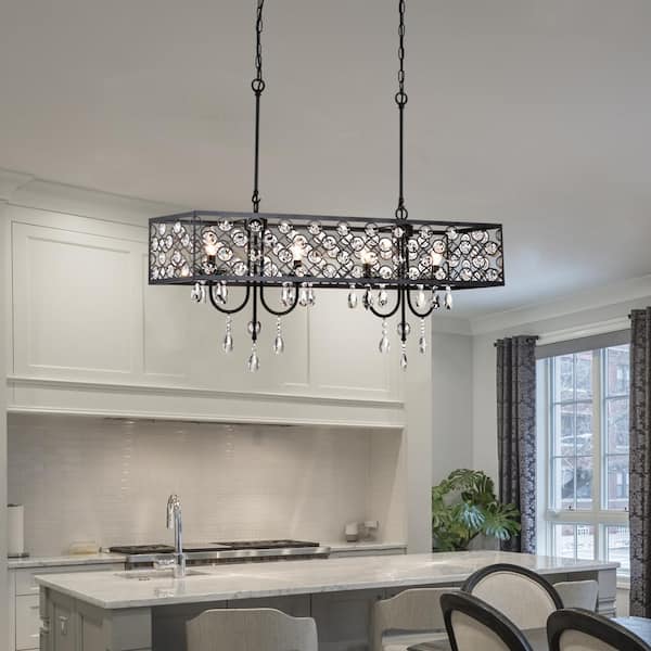 Indianapolis 4-Light Black Kitchen Island Rectangle Chandelier with Crystal Accent