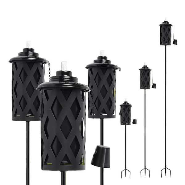 59 Inch Black Metal Outdoor Garden Torch Set 6 Pack Weather Resistant Adjustable Height Patio Lighting Decor