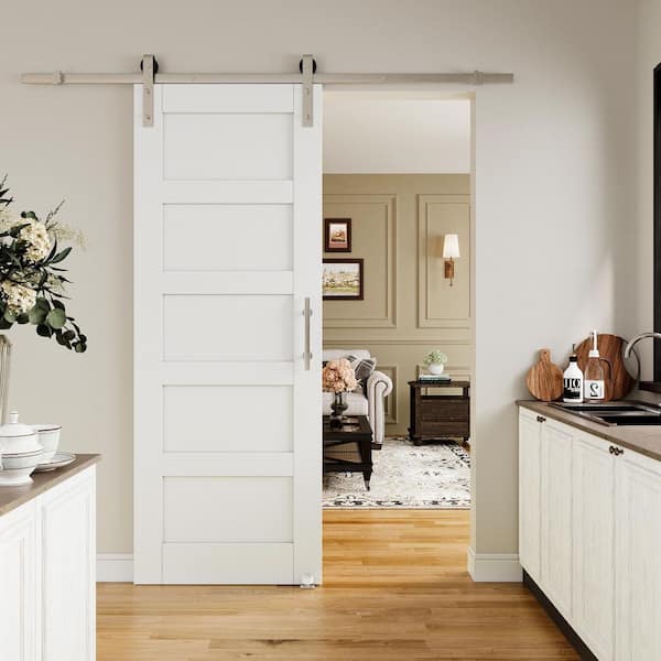 ARK DESIGN 30 in. x 80 in. White Primed 5 Lite Pattern Paneled MDF Sliding Barn Door with Hardware Kit Nickel Plated