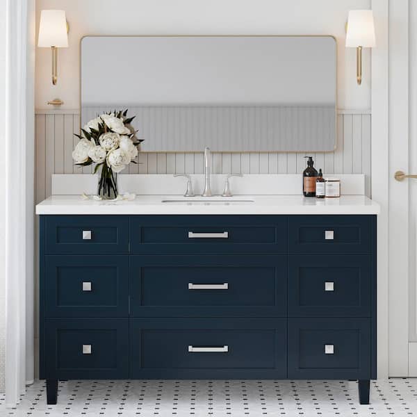 ARIEL Monroe 60 in. Single Sink Freestanding Bathroom Vanity in Midnight Blue with Pure White Quartz Top