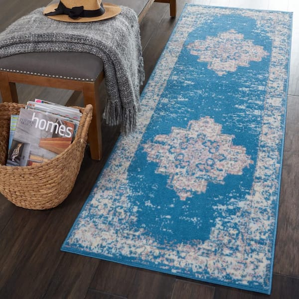 Grafix Blue 2 ft. x 6 ft. Center medallion Transitional Runner Area Rug