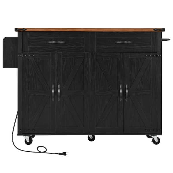 Tileon Black Wooden 53.5 in. Kitchen Island on Wheels with Power Outlet, Drop Leaf, Spice Rack and Drawer, Rolling Kitchen Cart