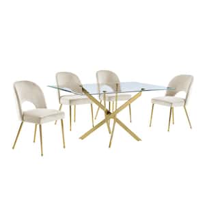 Olly 5-Piece Tempered Glass Top Gold Cross Legs Base Dining Set Beige Velvet Fabric Chairs Set Seats 4