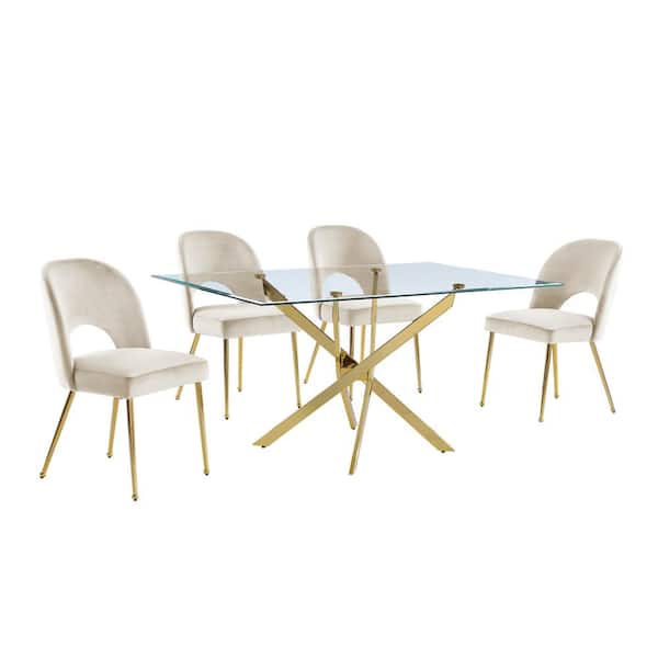 Best Quality Furniture Olly 5-Piece Tempered Glass Top Gold Cross Legs Base Dining Set Beige Velvet Fabric Chairs Set Seats 4