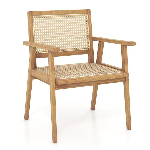 Costway Natural Rattan Seat and Back with Teak Wood Armchair Dining Chair