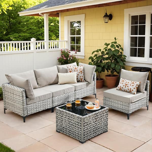 HOOOWOOO Holston 5-Piece Wicker Modern Outdoor Patio Conversation Sofa Sectional Set with Beige Cushions