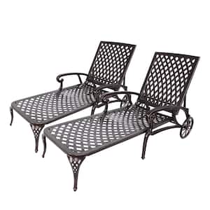 Tige Outdoor Antique Black Garden Metal Patio Adjustable Cast Aluminum Chaise Lounge Recliner Chair with 2 Wheels