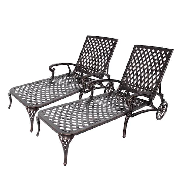 Mondawe Tige Outdoor Antique Black Garden Metal Patio Adjustable Cast Aluminum Chaise Lounge Recliner Chair with 2 Wheels
