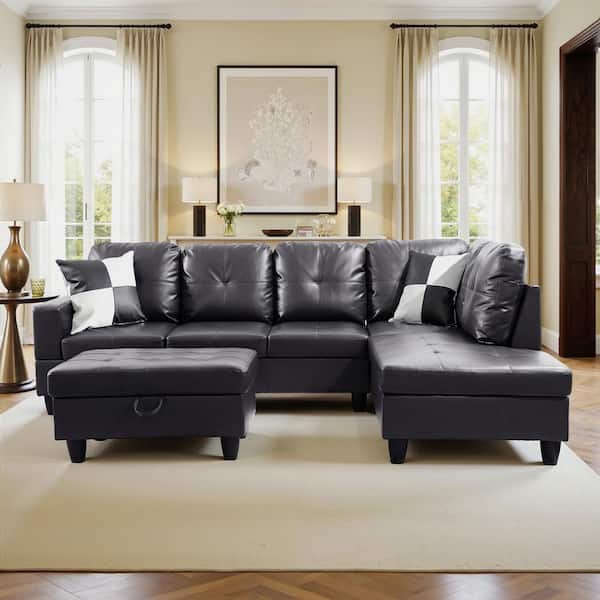 104 in. Straight Arm 3-Piece Luxury Leather L-Shaped Sectional Sofa Set in. Black, Modern Couches with Storage Ottoman