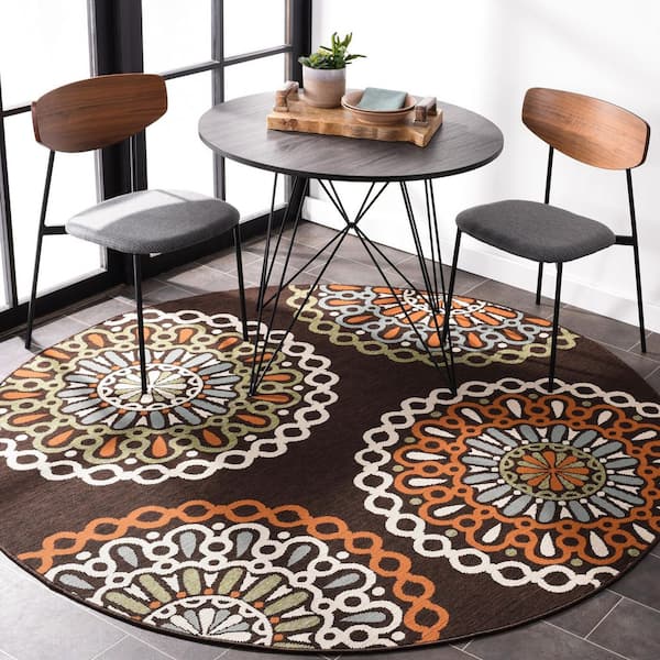 Veranda Chocolate/Terracotta 3 ft. x 3 ft. Geometric Floral Indoor/Outdoor Round Area Rug
