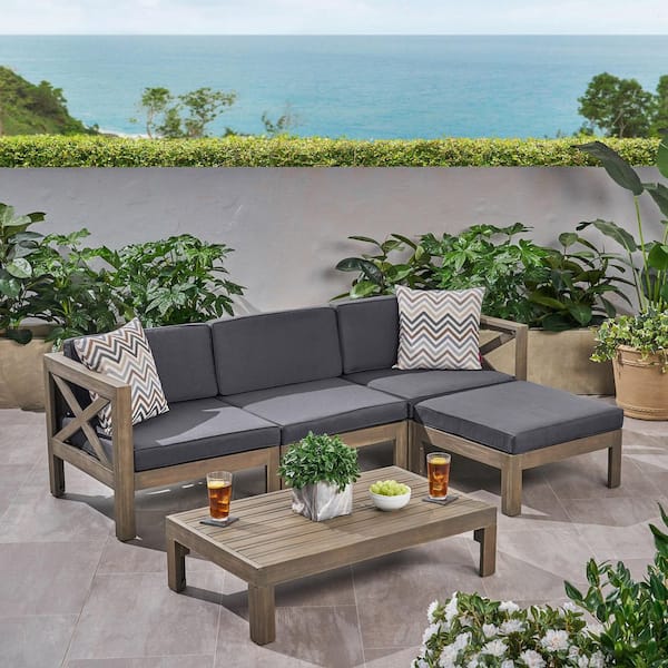 Unbranded 5-Piece Teak Outdoor patio Sectional Sofa Furniture Set with Acacia Coffee Table and Dark Grey Cushions