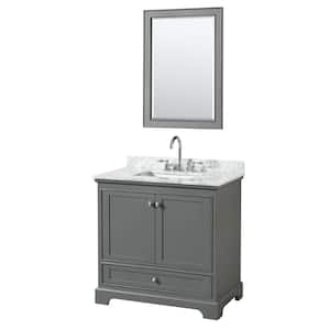 36 in. W x 22 in. D Vanity in Dark Gray with Marble Vanity Top in Carrara White with White Basin and 24 in. Mirror