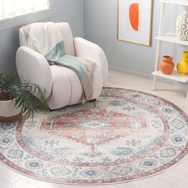 Arizona 6 ft. x 6 ft. Rust/Beige Machine Washable Distressed Ornate Border Round Area Rug