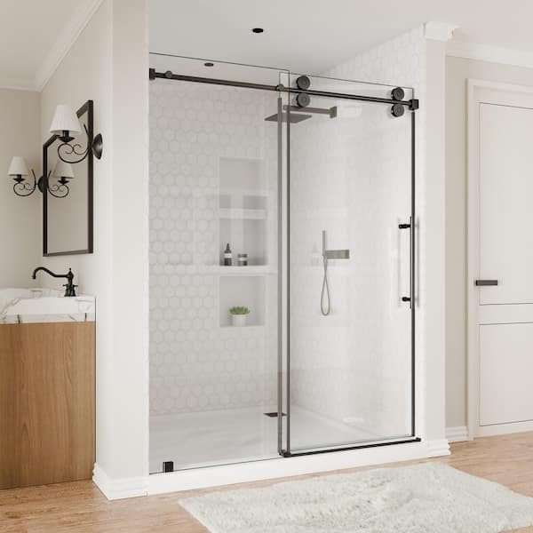 60 in. W x 80 in. H Single Sliding Frameless Shower Door in Matte Black with Smooth Sliding and 3/8 in. SGCC Clear Glass