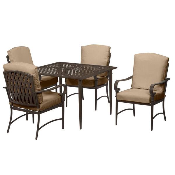 Hampton Bay Oak Cliff Brown 4 Piece Steel Outdoor Patio Conversation Seating Set With Cushionguard Toffee Tan Cushions H116 01523600 The Home Depot - Home Depot Patio Furniture Table And 4 Chairs