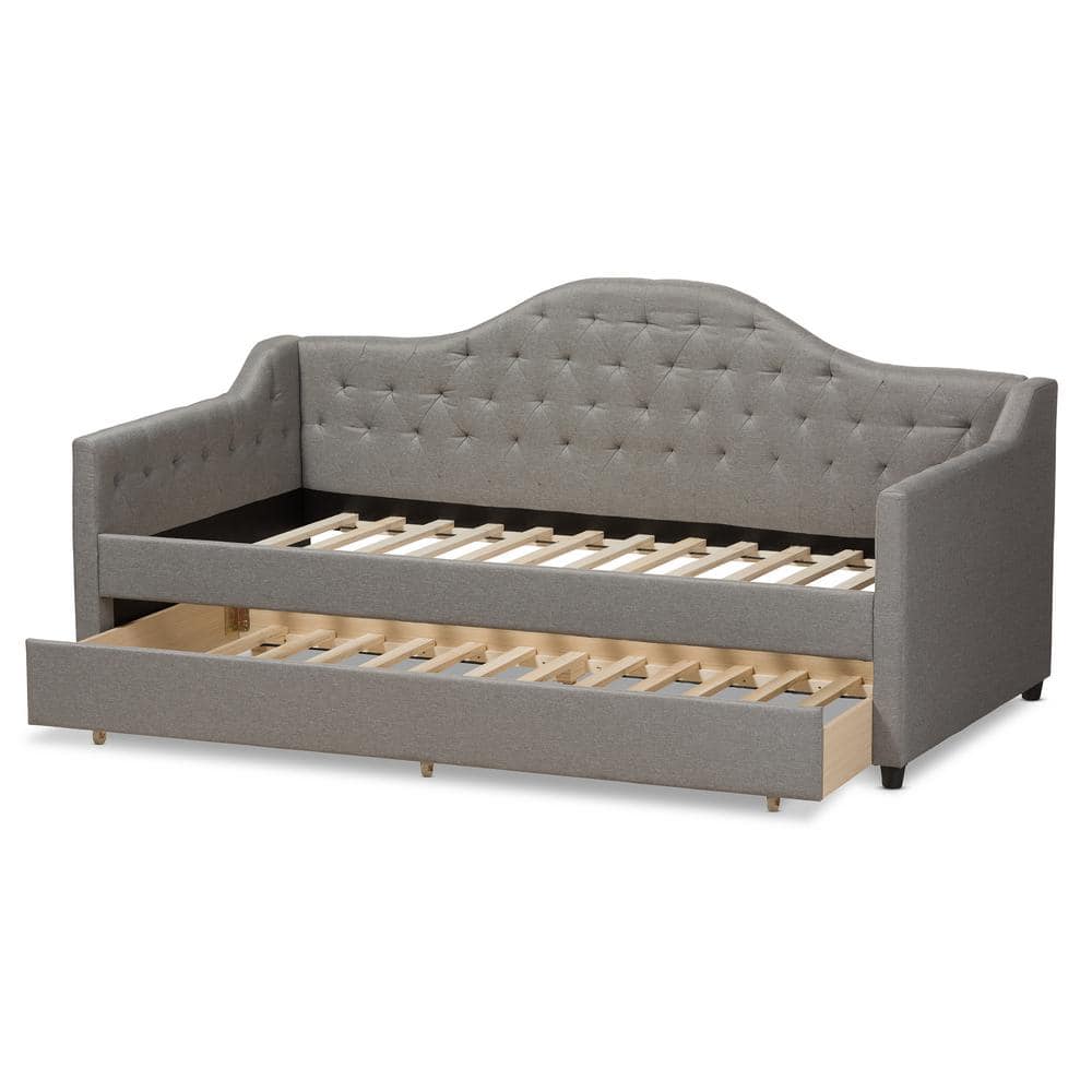 Light Gray Twin Upholstered Daybed with Tufted Headboard and Trundle