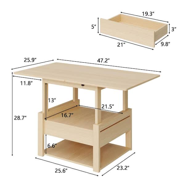 FUFU&GAGA 47.2 in. Natural Rectangular Wood Coffee Table with