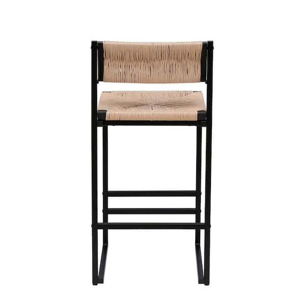 ITOPFOX Brown Wood Paper Rope Indoor/Outdoor Dining Chair with Back Hand Weave Stool Set of 2