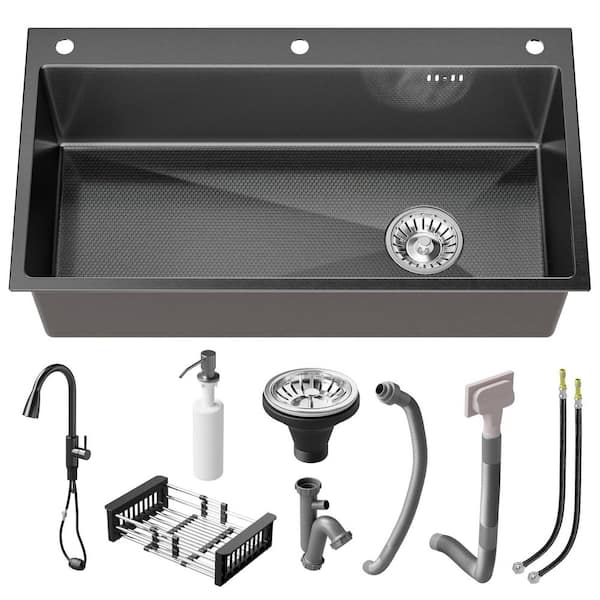 QATSPACE DESIGNS INC 32 in. Drop-in/Undermount Single Bowl 16-Gauge Black Stainless Steel Kitchen Sink with Faucet