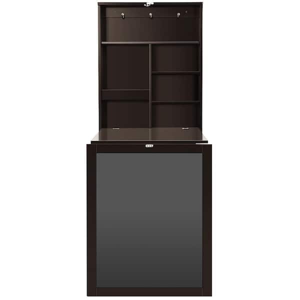 Gymax 24 in. Rectangular Brown Wood Wall Mounted Table Fold Out Convertible Desk with A Blackboard/Chalkboard