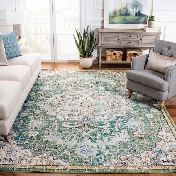 Madison Green/Turquoise 10 ft. x 14 ft. Border Geometric Floral Medallion Area Rug
