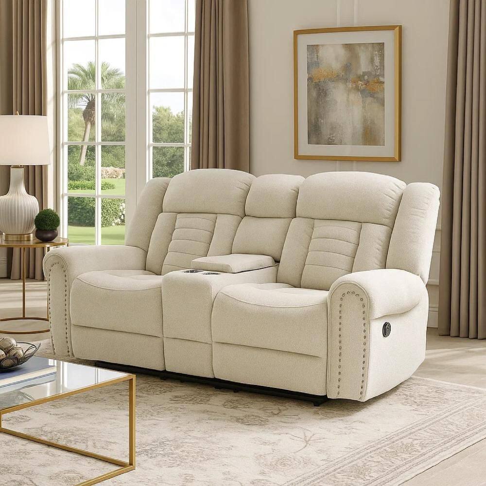 Reo 40 in. Solid Chenille Double Manual Reclining Loveseat in Beige with Console