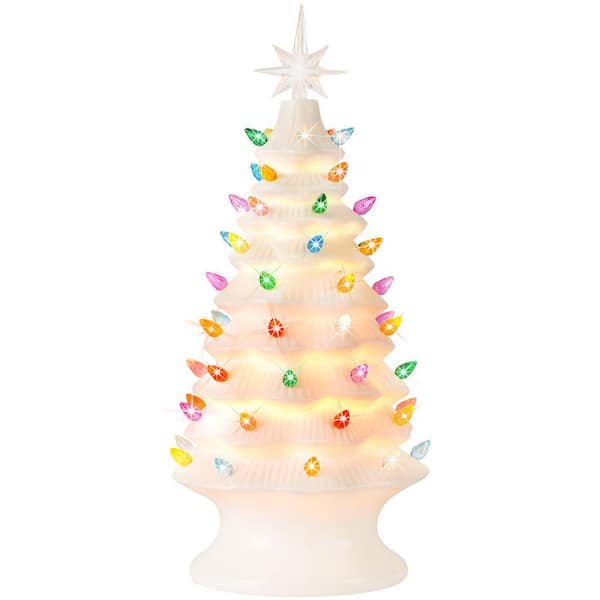 Pre-Lit Resin Hand-Painted Tabletop Artificial Christmas Tree with Multicolored LED Lights, White