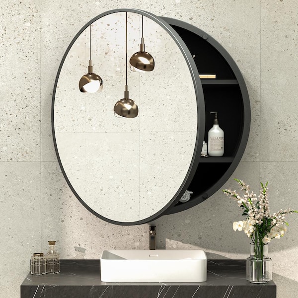 30 in. W x 30 in. H Round Black Metal Framed Recessed/Surface Mount Medicine Cabinet with Mirror