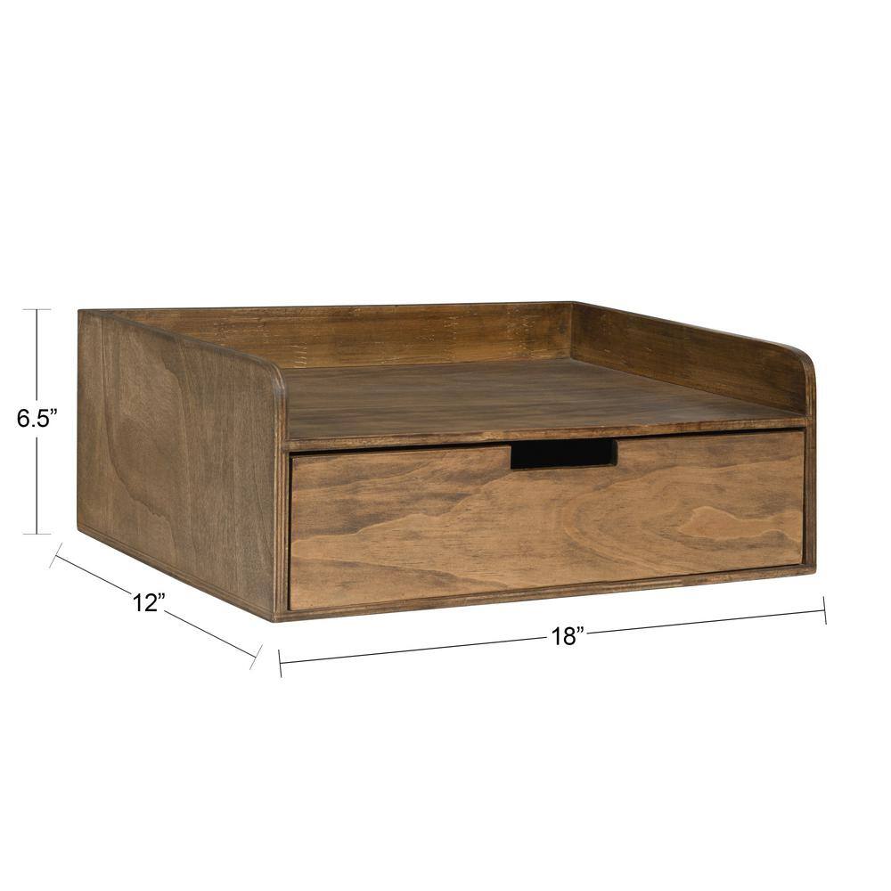 Rustic Brown Wood Floating Shelf with Drawer, 21"