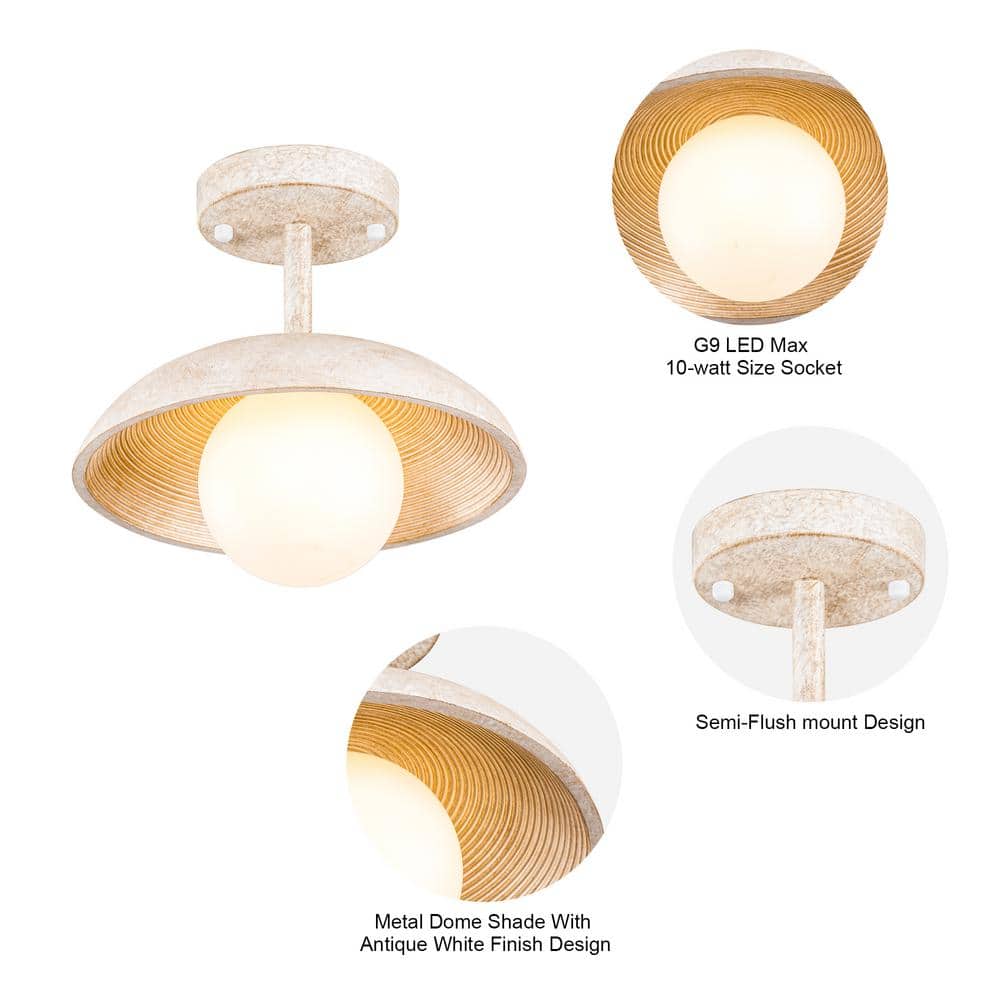 White Glass and Wood Farmhouse Semi-Flush Mount Light