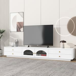 White Luxurious TV Stand Fits TVs up to 90 in. with Fluted Glass Doors, Tempered Glass Shelf and 4-Drawers