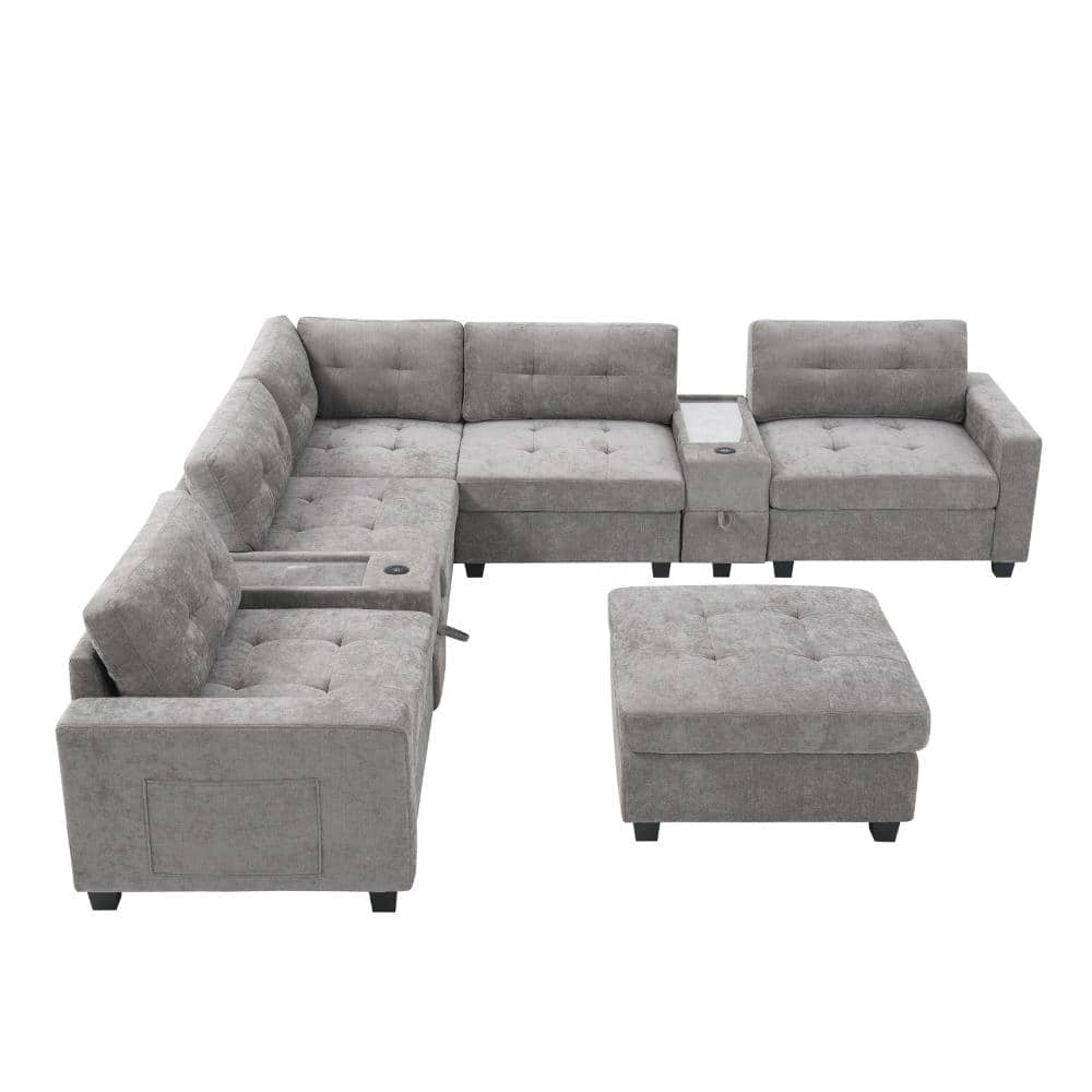 104 in. Square Arm 6-piece Chenille L-shaped Sectional Sofa with Storage Consoles, USB Charger & Ottoman in Gray