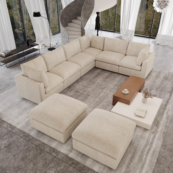 134 in. Square Arm Chenille 8-Piece Modular Free Combination Sectional Sofa with Removable Covers, Ottoman in Beige