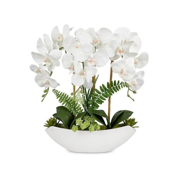 18 in. White Artificial Orchid Fake Silk Flowers in Ceramic Pot