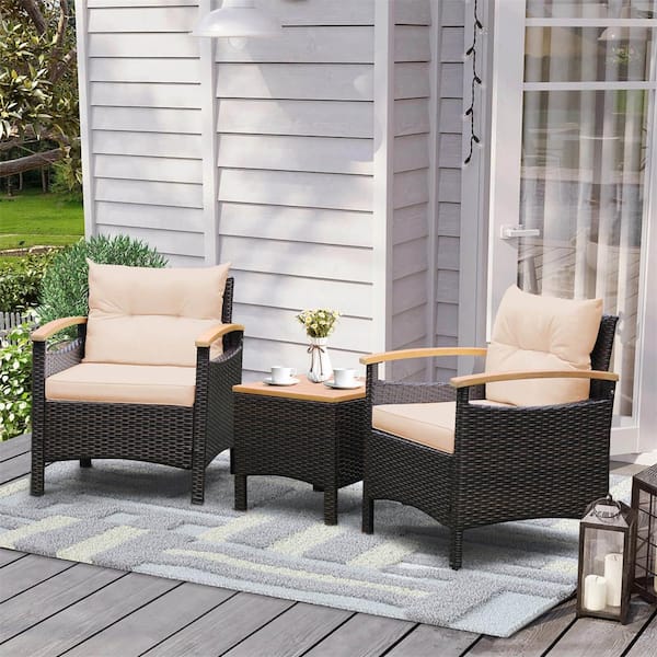 Costway Patiojoy 3-Piece Wicker Patio Conversation Set with Beige Cushions