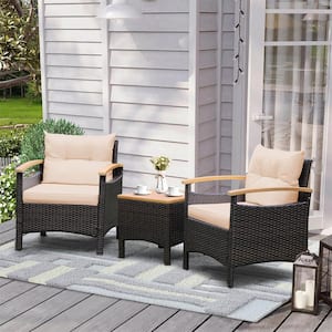 Patiojoy 3-Piece Wicker Patio Conversation Set with Beige Cushions