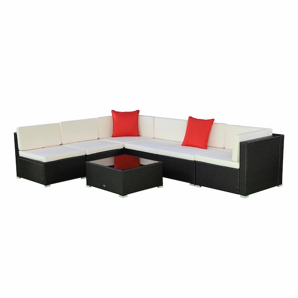 FORCLOVER 7-Piece PE Rattan Wicker Patio Conversation Set with Cream White Cushions, Red Throw Pillows and Coffee Table