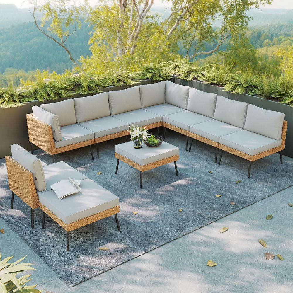 10-Piece Modular Outdoor Patio Furniture Set, All-Weather PE Rattan Sectional Sofa with 3-in-1 Ottomans and Cushions