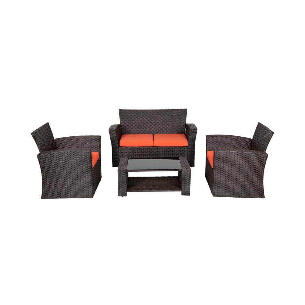 Grandview Outdoor Chocolate Wicker 4-Piece Patio Set with Orange Cushions