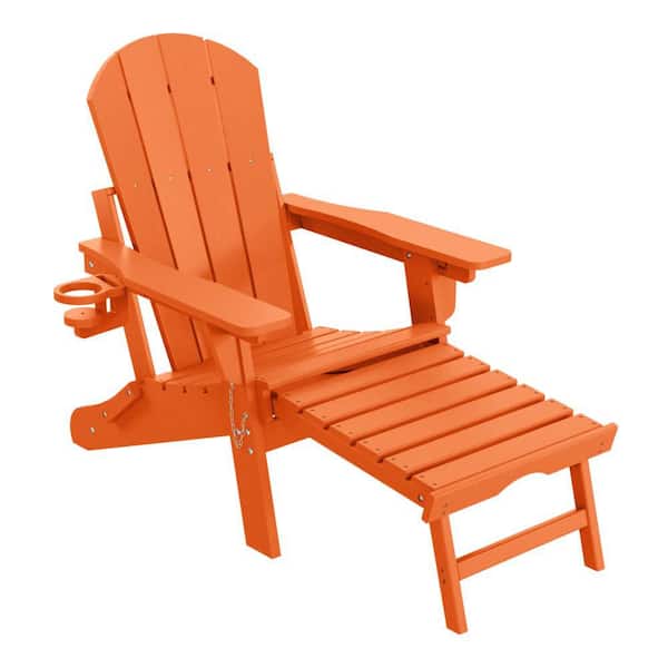 Laguna Orange Outdoor Folding Adjustable Plastic Adirondack Chair w/ Cup Holder & Hideaway Ottoman Set of 1