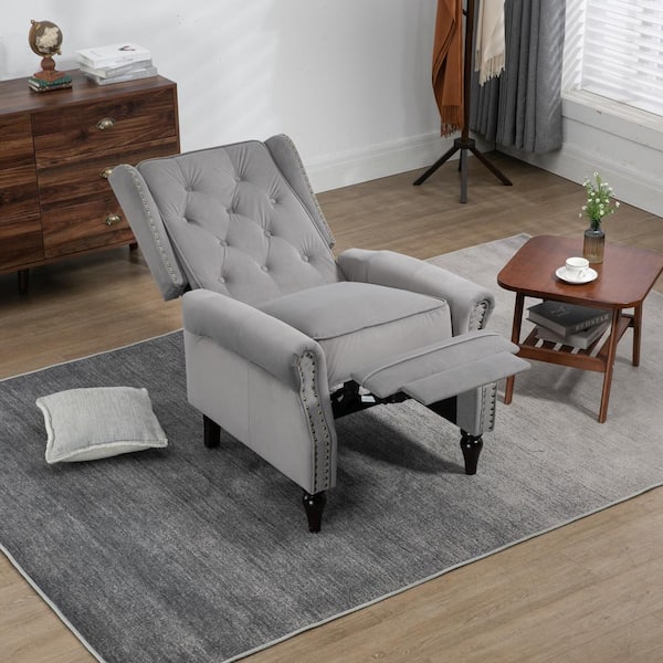 HOMEFUN Modern Gray Velvet Upholstered Wingback Recliner Chair with Nailheads and Solid Wood Legs
