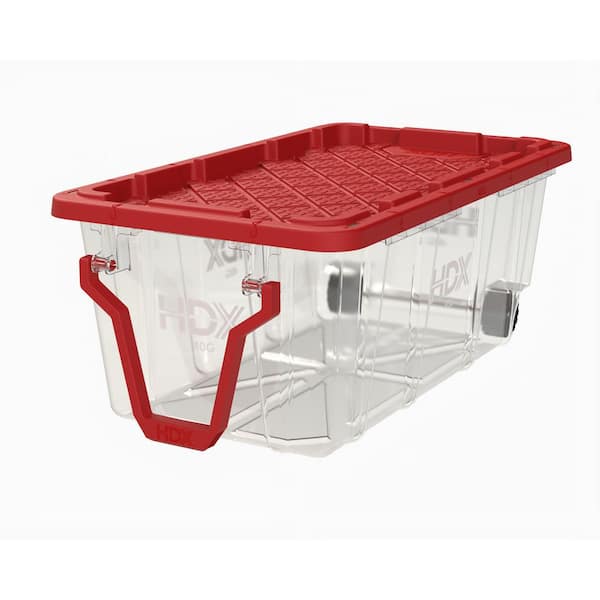 40 Gal. Tough Storage Tote with Wheels and Handle in Clear and Red