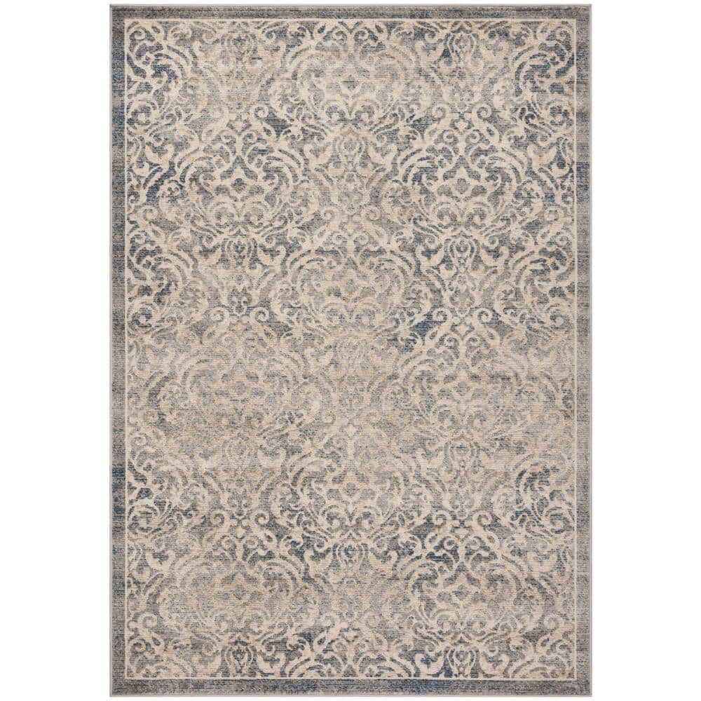 Light Grey and Blue Damask Low Pile Area Rug