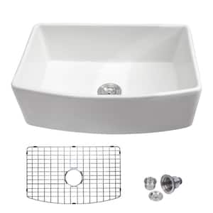 White Ceramic 30 in. Single Bowl Round Corner Farmhouse Apron Kitchen Sink with Bottom Grid