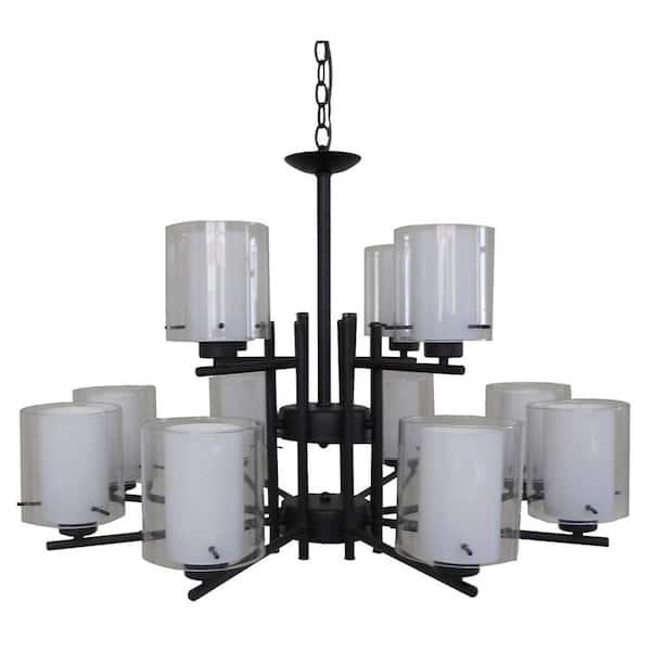 Filament Design 12-Light Black Chandelier with Flat White and Clear Glass Shade
