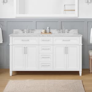 Caville 60 in. W x 22 in. D x 34 in. H Double Sink Bath Vanity in White with Carrara Marble Top with Outlet