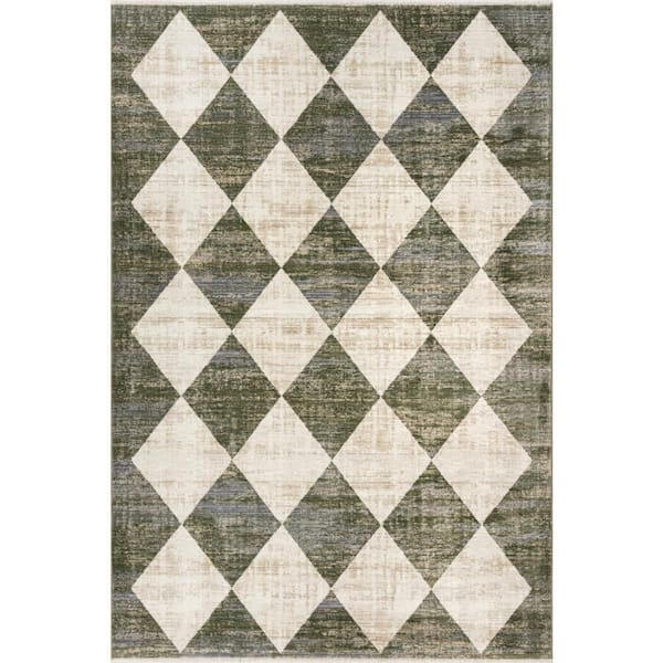 Meline Checkered Fringe Area Green 9 ft. x 13 ft. Indoor Area Rug