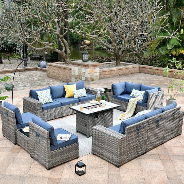 OVIOS Bissty Gray 13-Piece Wicker Wide Arm Patio Fire Pit Conversation Set with Denim Blue Cushions
