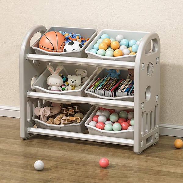 Magic Home 42 in. Multilayer HDPE Plastic Storage Children Floor Shelf Cabinet Organizer Basket for Toys and Books, Gray and Beige